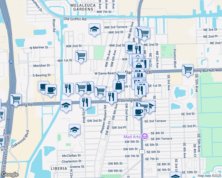 map of restaurants, bars, coffee shops, grocery stores, and more near 98 Southwest 5th Avenue in Dania Beach
