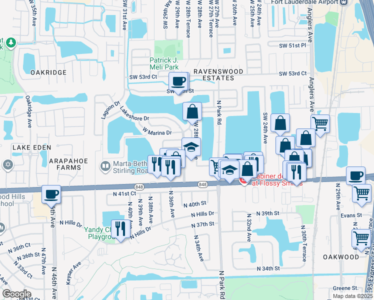 map of restaurants, bars, coffee shops, grocery stores, and more near 2851 Southwest 58th Street in Fort Lauderdale