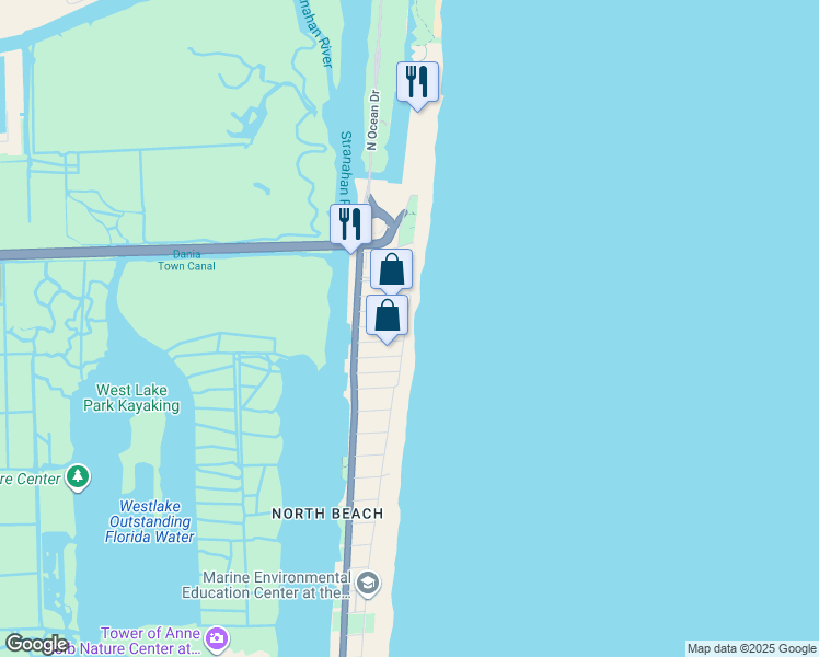 map of restaurants, bars, coffee shops, grocery stores, and more near 5785 North Surf Road in Hollywood