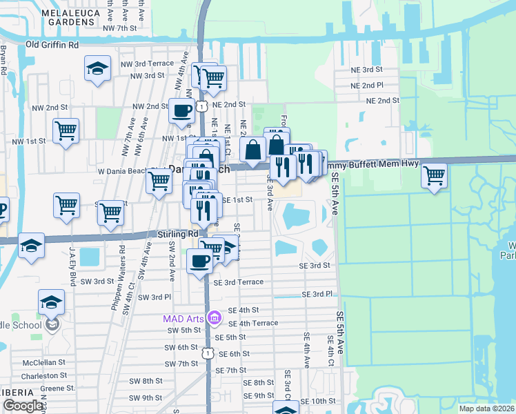 map of restaurants, bars, coffee shops, grocery stores, and more near 101 Southeast 2nd Court in Dania Beach