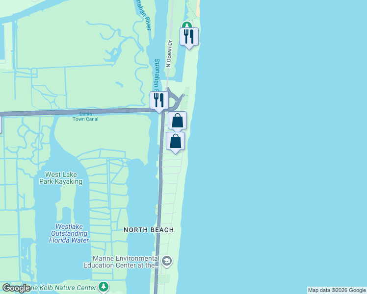 map of restaurants, bars, coffee shops, grocery stores, and more near 5785 North Surf Road in Hollywood