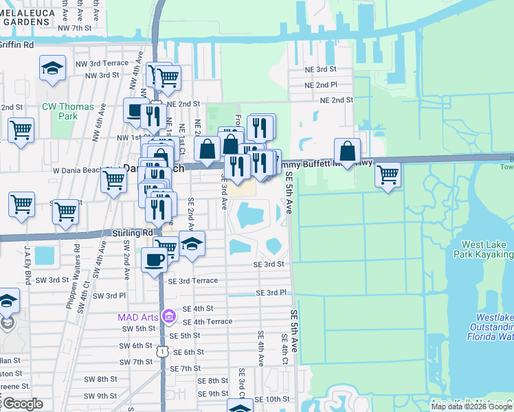 map of restaurants, bars, coffee shops, grocery stores, and more near 111 Southeast 3rd Avenue in Dania Beach
