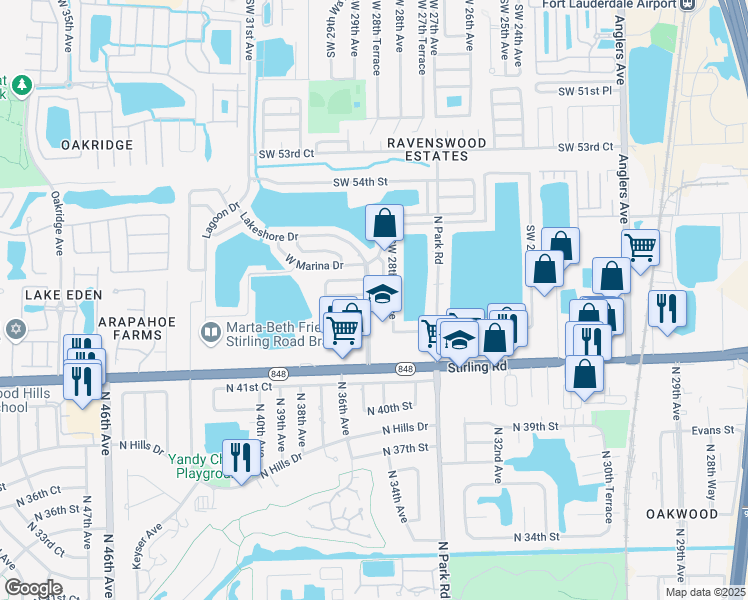 map of restaurants, bars, coffee shops, grocery stores, and more near 2851 Southwest 58th Street in Fort Lauderdale