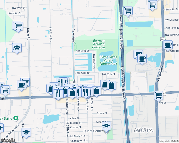 map of restaurants, bars, coffee shops, grocery stores, and more near 5610 Southwest 56th Street in Davie