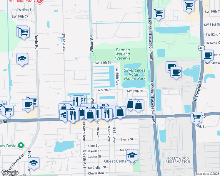 map of restaurants, bars, coffee shops, grocery stores, and more near 5610 Southwest 56th Street in Davie