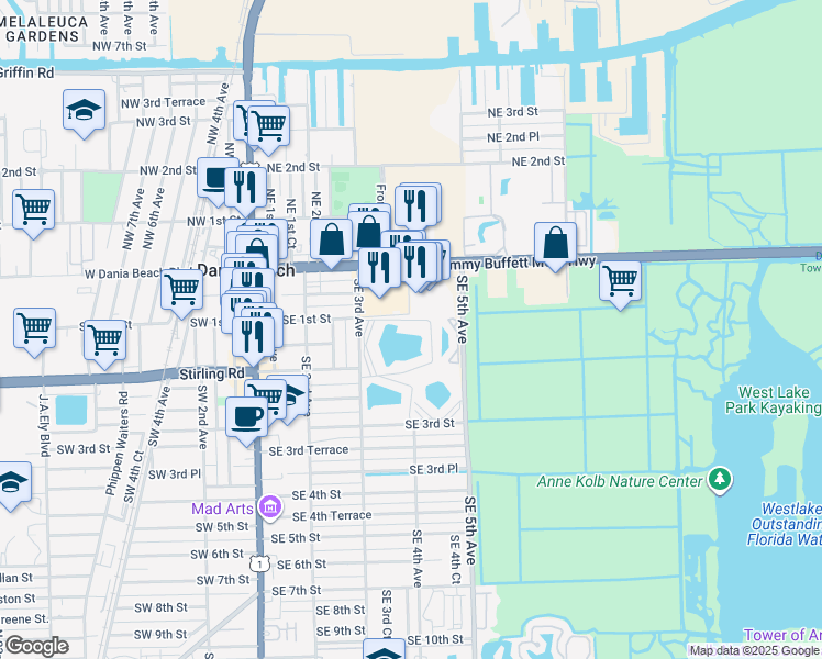 map of restaurants, bars, coffee shops, grocery stores, and more near 111 Southeast 3rd Avenue in Dania Beach