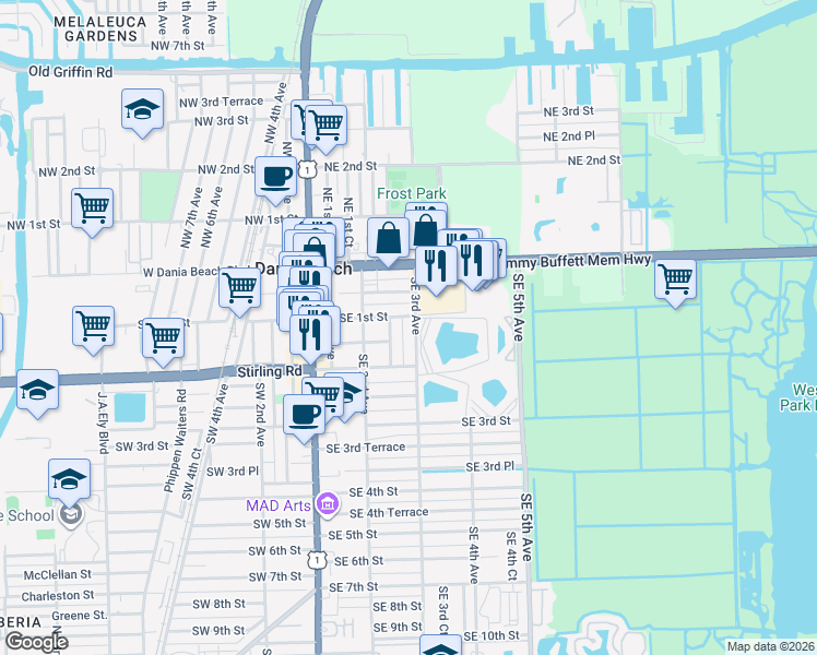 map of restaurants, bars, coffee shops, grocery stores, and more near 101 Southeast 2nd Court in Dania Beach