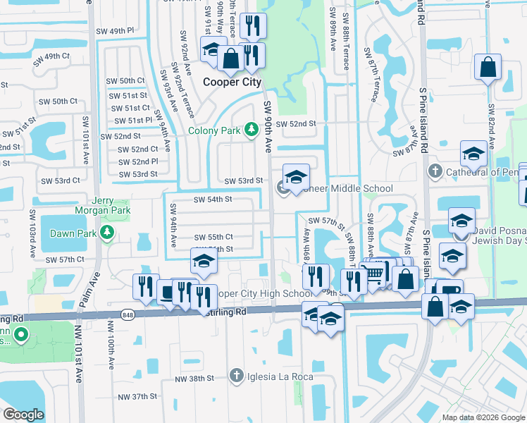 map of restaurants, bars, coffee shops, grocery stores, and more near 5361 Southwest 90th Avenue in Cooper City