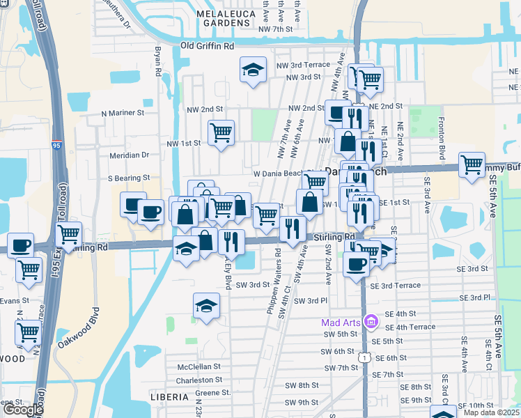 map of restaurants, bars, coffee shops, grocery stores, and more near 46 Southwest 7th Avenue in Dania Beach
