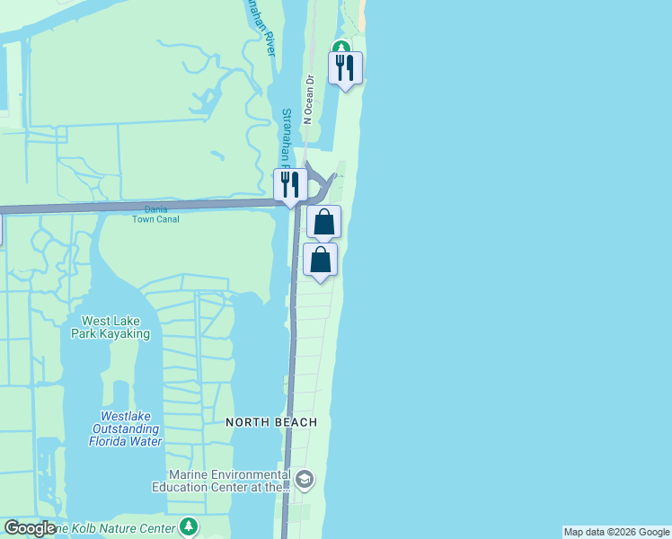 map of restaurants, bars, coffee shops, grocery stores, and more near 5785 North Surf Road in Hollywood