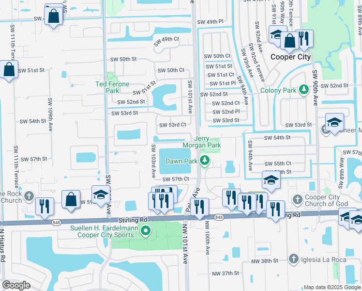 map of restaurants, bars, coffee shops, grocery stores, and more near 10086 Southwest 56th Street in Cooper City