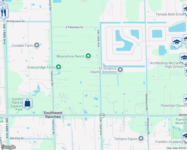 map of restaurants, bars, coffee shops, grocery stores, and more near 5533 Southwest 136th Avenue in Southwest Ranches