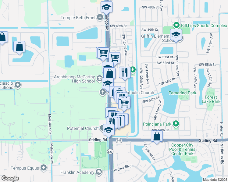 map of restaurants, bars, coffee shops, grocery stores, and more near 12323 Southwest 55th Street in Cooper City