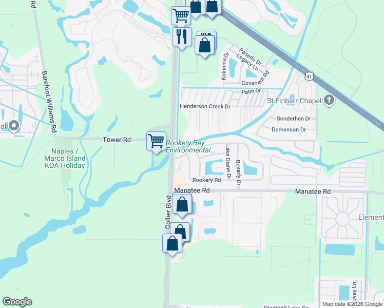 map of restaurants, bars, coffee shops, grocery stores, and more near 4 Twin Palms Drive in Naples