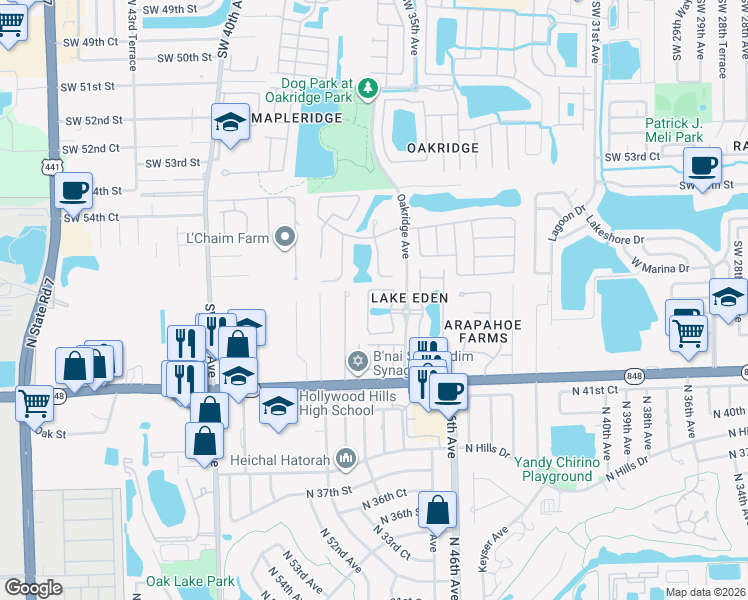 map of restaurants, bars, coffee shops, grocery stores, and more near 5725 Ashwood Circle in Fort Lauderdale