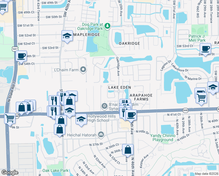 map of restaurants, bars, coffee shops, grocery stores, and more near 5725 Ashwood Circle in Fort Lauderdale