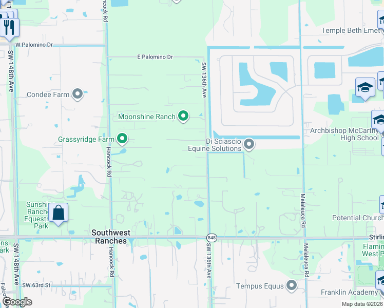 map of restaurants, bars, coffee shops, grocery stores, and more near 5533 Southwest 136th Avenue in Southwest Ranches