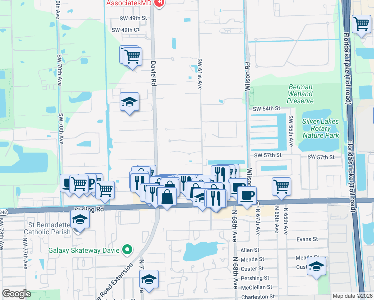 map of restaurants, bars, coffee shops, grocery stores, and more near 6201 Southwest 56th Court in Davie