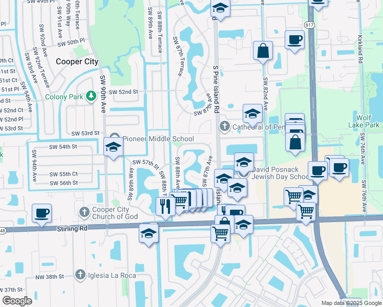 map of restaurants, bars, coffee shops, grocery stores, and more near 8745 Southwest 57th Street in Cooper City