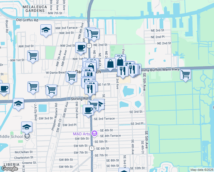 map of restaurants, bars, coffee shops, grocery stores, and more near 101 Southeast 2nd Court in Dania Beach