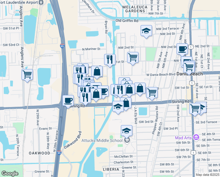 map of restaurants, bars, coffee shops, grocery stores, and more near 190 South Bryan Road in Dania Beach