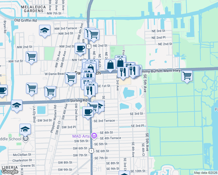 map of restaurants, bars, coffee shops, grocery stores, and more near 101 Southeast 2nd Court in Dania Beach