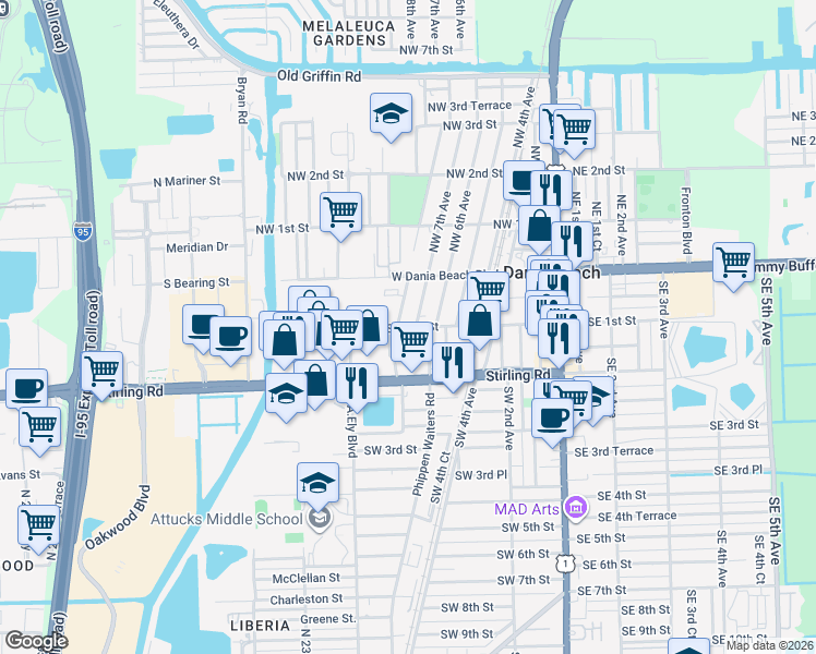 map of restaurants, bars, coffee shops, grocery stores, and more near 46 Southwest 7th Avenue in Dania Beach