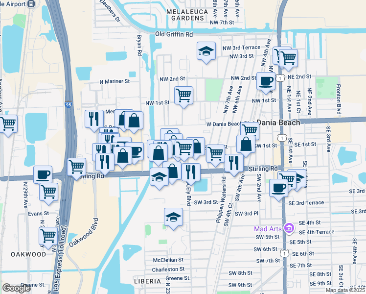 map of restaurants, bars, coffee shops, grocery stores, and more near Stirling Road in Dania Beach