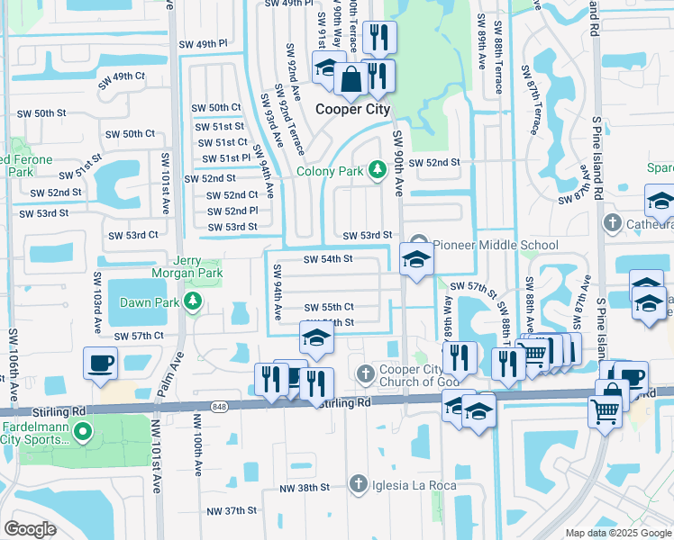 map of restaurants, bars, coffee shops, grocery stores, and more near 9161 Southwest 54th Place in Cooper City