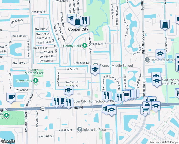 map of restaurants, bars, coffee shops, grocery stores, and more near 5361 Southwest 90th Avenue in Cooper City
