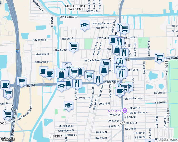 map of restaurants, bars, coffee shops, grocery stores, and more near 46 Southwest 7th Avenue in Dania Beach