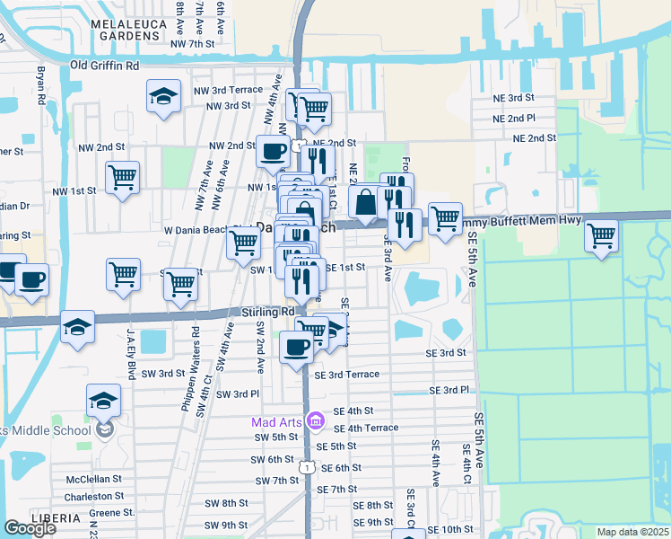 map of restaurants, bars, coffee shops, grocery stores, and more near 116 Southeast 1st Street in Dania Beach