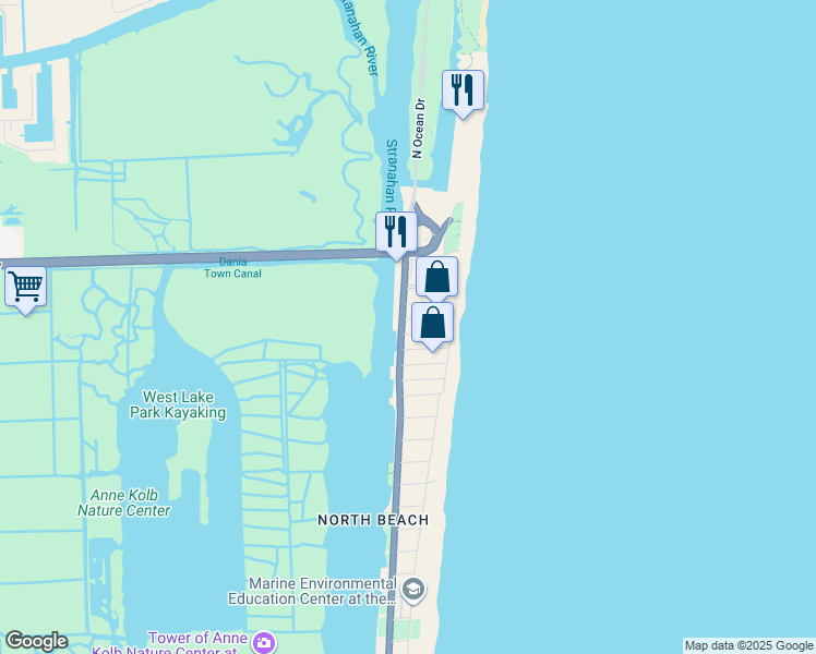 map of restaurants, bars, coffee shops, grocery stores, and more near 5800 North Ocean Drive in Hollywood
