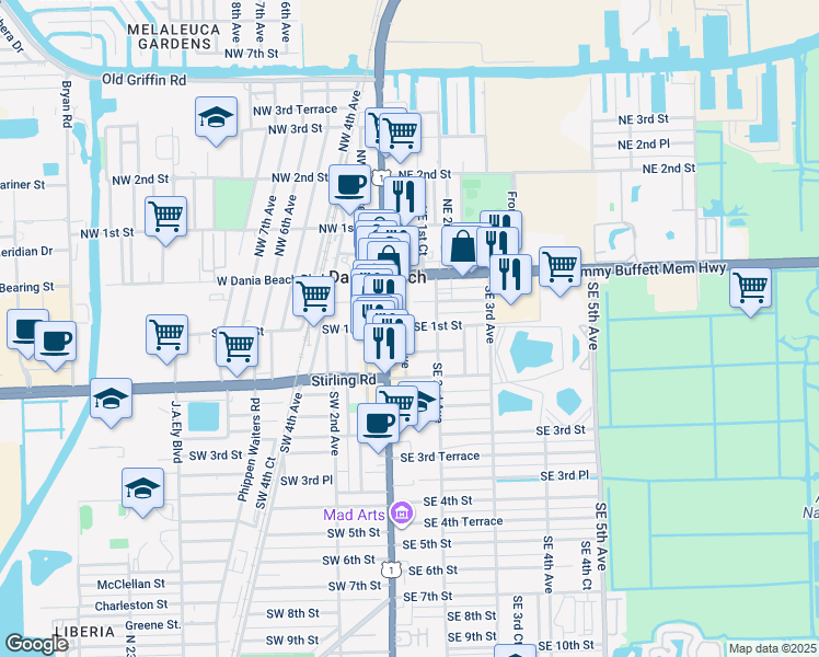 map of restaurants, bars, coffee shops, grocery stores, and more near 116 Southeast 1st Street in Dania Beach