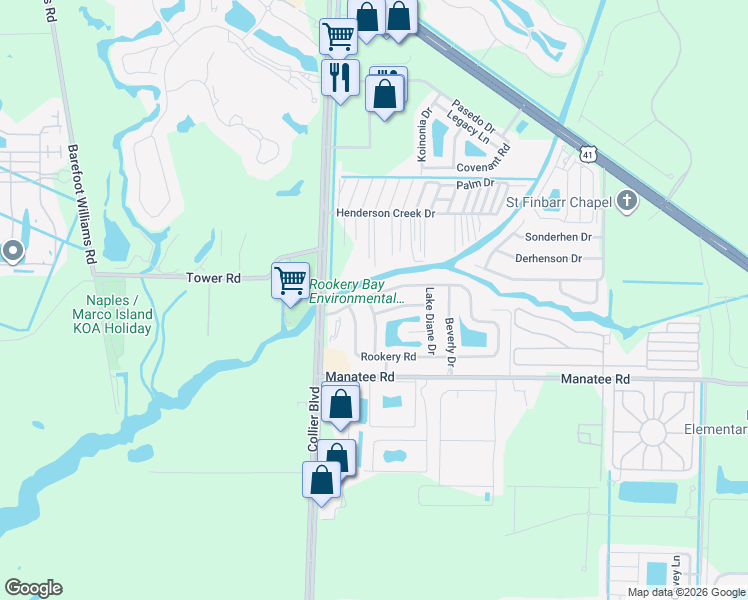 map of restaurants, bars, coffee shops, grocery stores, and more near 4 Twin Palms Drive in Naples