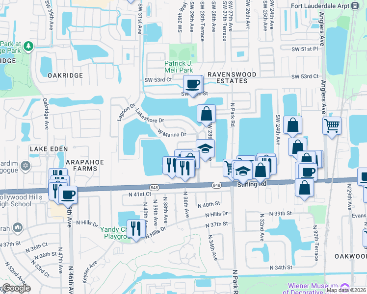 map of restaurants, bars, coffee shops, grocery stores, and more near 2931 Southwest 58th Street in Fort Lauderdale
