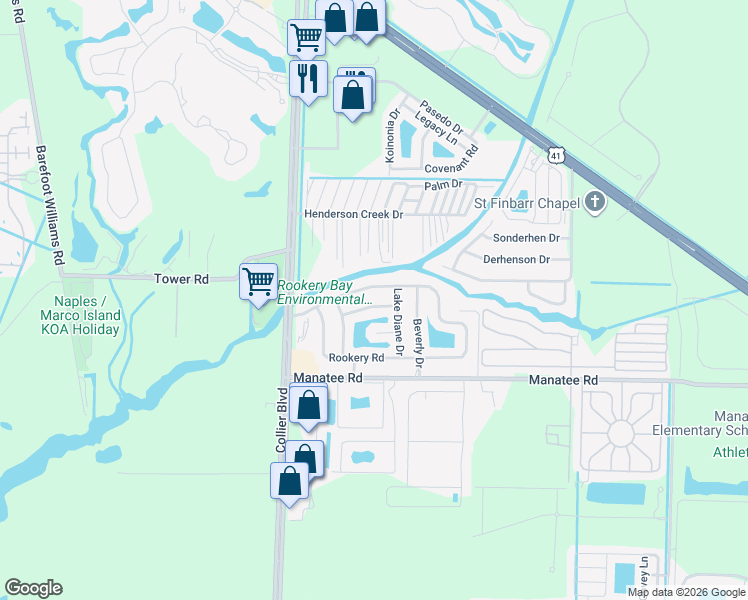map of restaurants, bars, coffee shops, grocery stores, and more near 116 Audubon Road in Naples