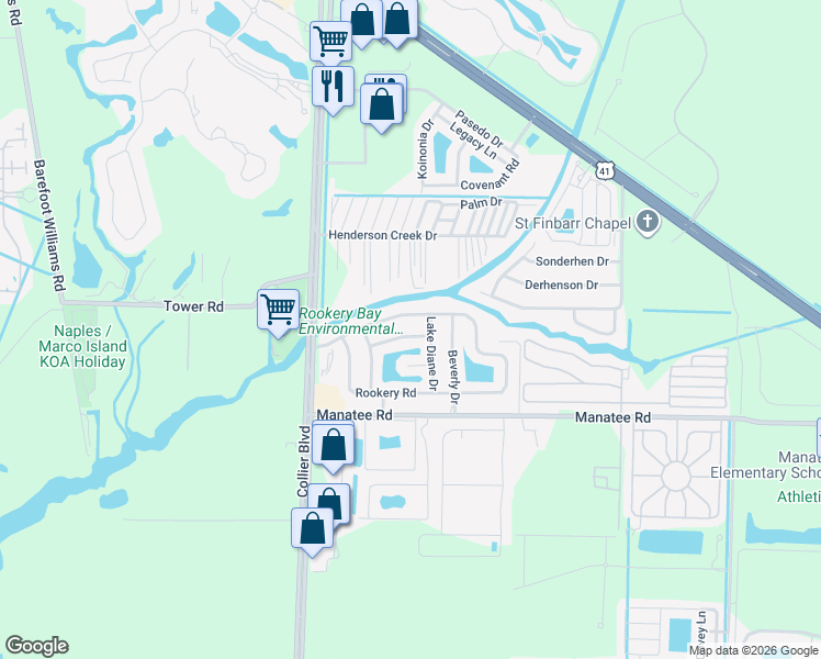 map of restaurants, bars, coffee shops, grocery stores, and more near 116 Audubon Road in Naples