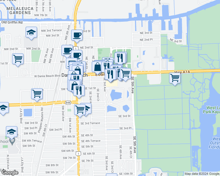 map of restaurants, bars, coffee shops, grocery stores, and more near 101 Southeast 3rd Avenue in Dania Beach