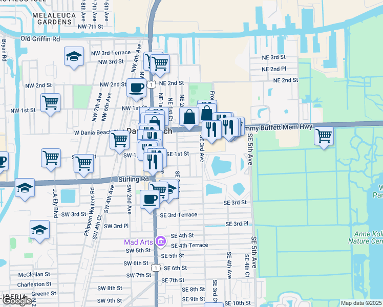 map of restaurants, bars, coffee shops, grocery stores, and more near 101 Southeast 2nd Court in Dania Beach
