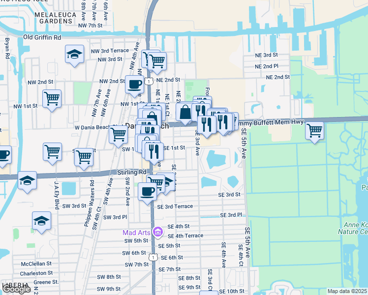 map of restaurants, bars, coffee shops, grocery stores, and more near 101 Southeast 2nd Court in Dania Beach