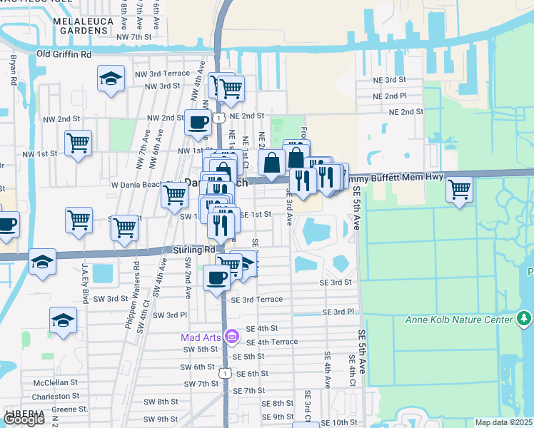 map of restaurants, bars, coffee shops, grocery stores, and more near 101 Southeast 2nd Court in Dania Beach