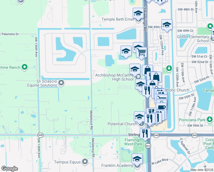 map of restaurants, bars, coffee shops, grocery stores, and more near 5490 Southwest 128th Avenue in Southwest Ranches