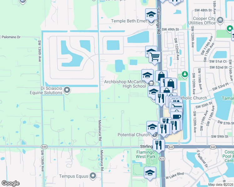 map of restaurants, bars, coffee shops, grocery stores, and more near 5490 Southwest 128th Avenue in Southwest Ranches
