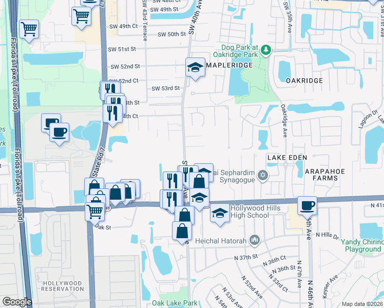 map of restaurants, bars, coffee shops, grocery stores, and more near 5760 Southwest 40th Avenue in Fort Lauderdale
