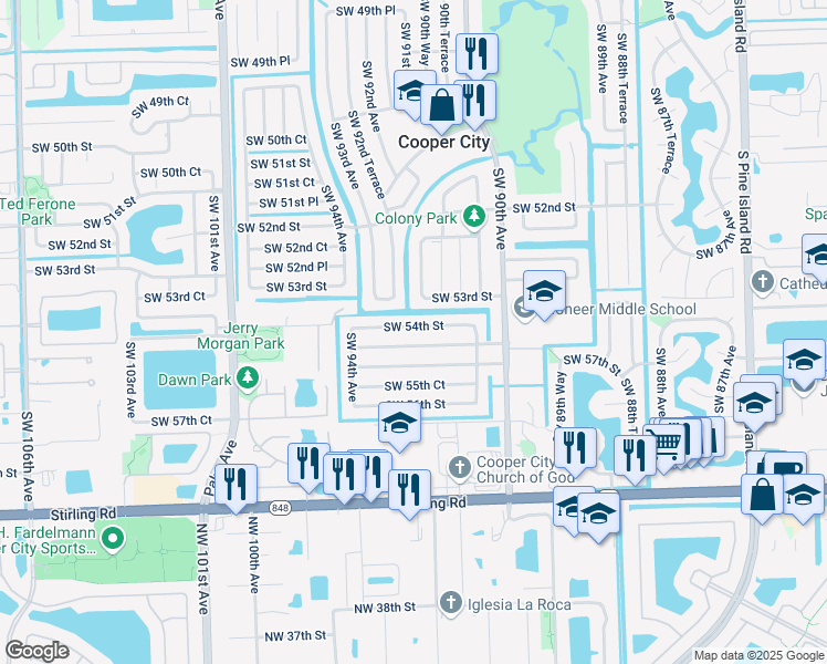 map of restaurants, bars, coffee shops, grocery stores, and more near 9161 Southwest 54th Place in Cooper City