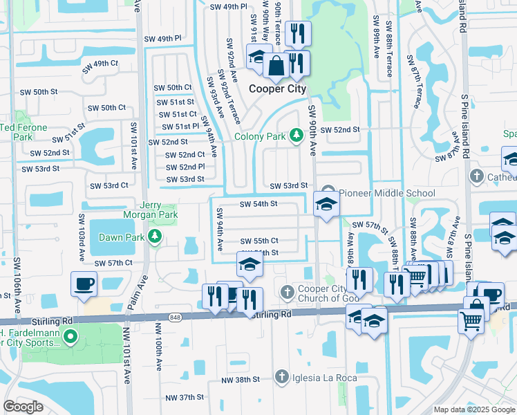 map of restaurants, bars, coffee shops, grocery stores, and more near 9161 Southwest 54th Place in Cooper City