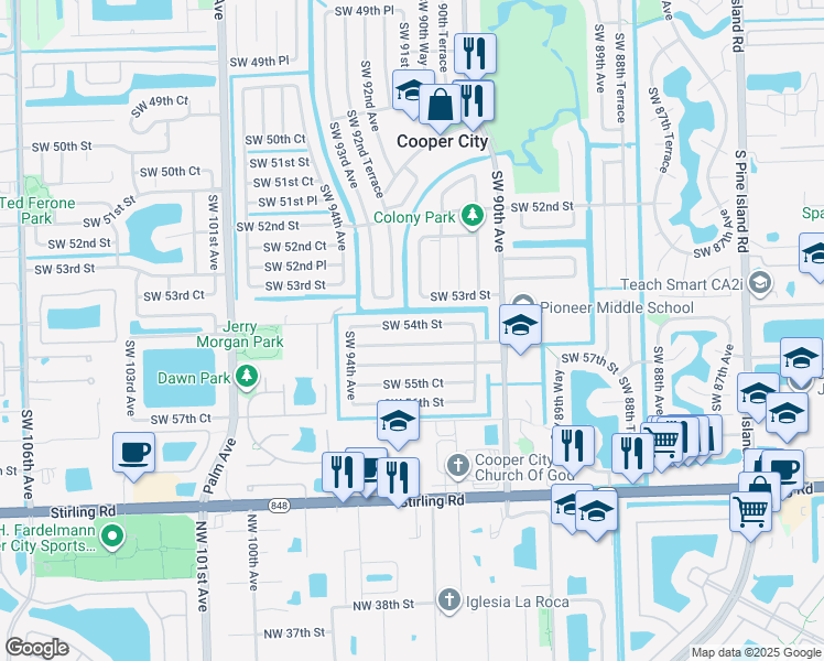 map of restaurants, bars, coffee shops, grocery stores, and more near 9161 Southwest 54th Place in Cooper City