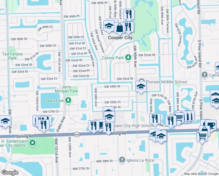 map of restaurants, bars, coffee shops, grocery stores, and more near 9301 Southwest 54th Place in Cooper City