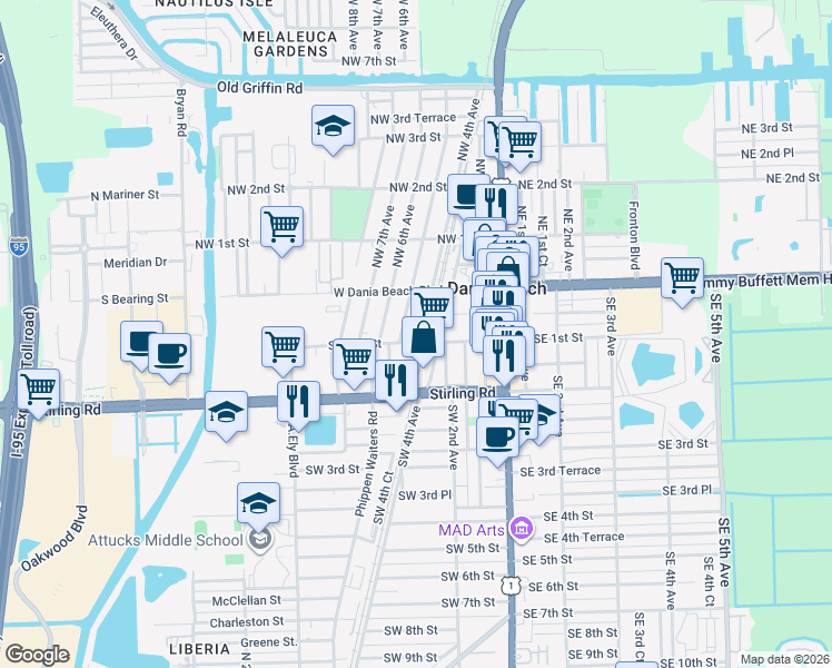 map of restaurants, bars, coffee shops, grocery stores, and more near 65 Southwest 3rd Avenue in Dania Beach